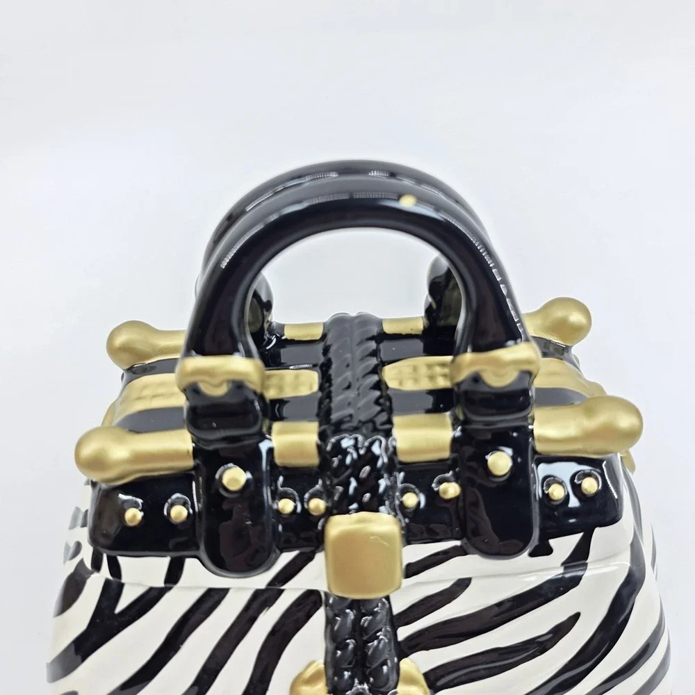 David's Cookies Jar Zebra Print Handbag Black White Gold Cookie Jar Vtg New